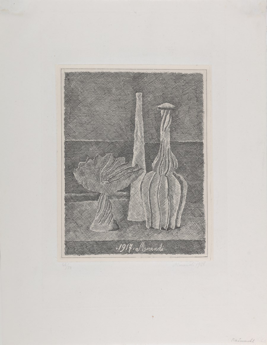 Still life with composter, long bottle and bottle. (Giorgio Morandi)