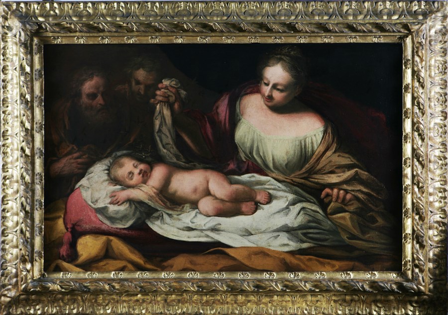 Madonna con bambino e personaggi. ( Artista Italiano Del XVII Secolo)