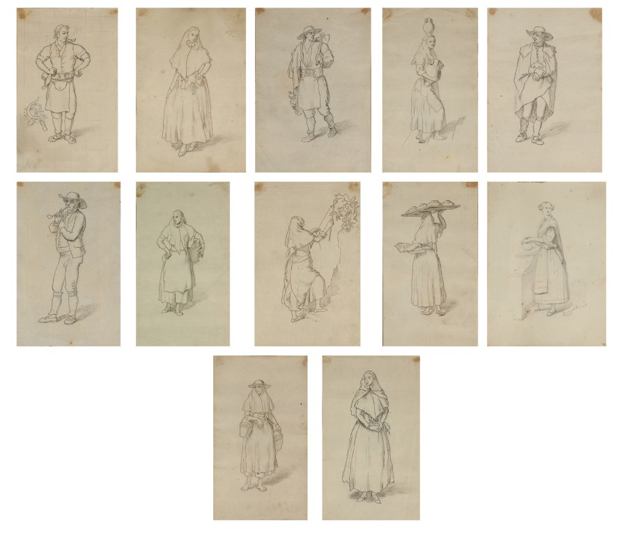 Gruppo di dodici disegni raffiguranti personaggi in abiti ottocenteschi.
 ( Artista Veneto Del XIX Secolo)