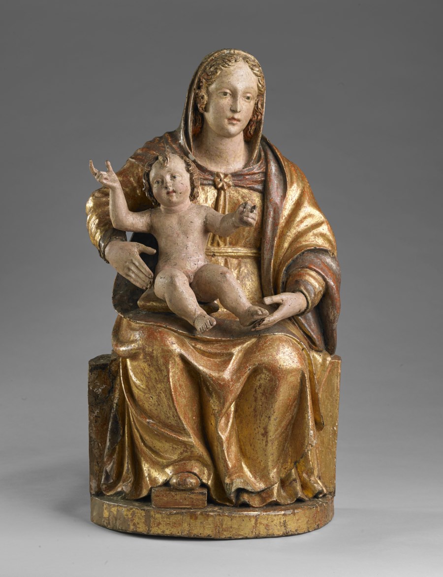 Madonna con Bambino in legno policromo e dorato. (Scultore Veneto Del XV Secolo )