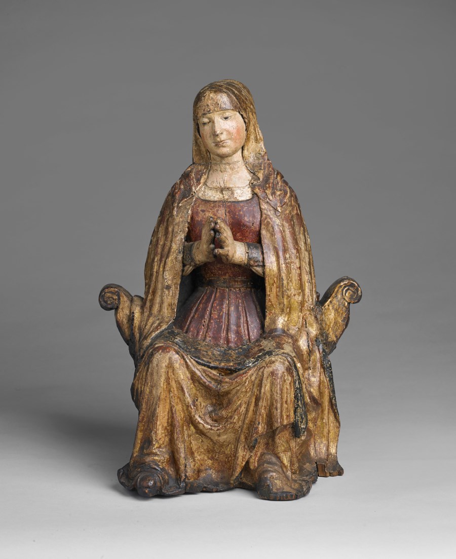 Madonna assisa in trono in legno policromo e dorato. (Scultore Veneto Del XV Secolo )
