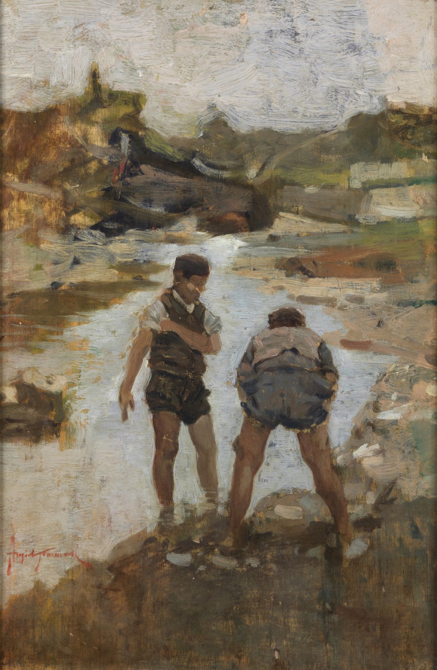 Pescatori al torrente. (Angiolo Tommasi)