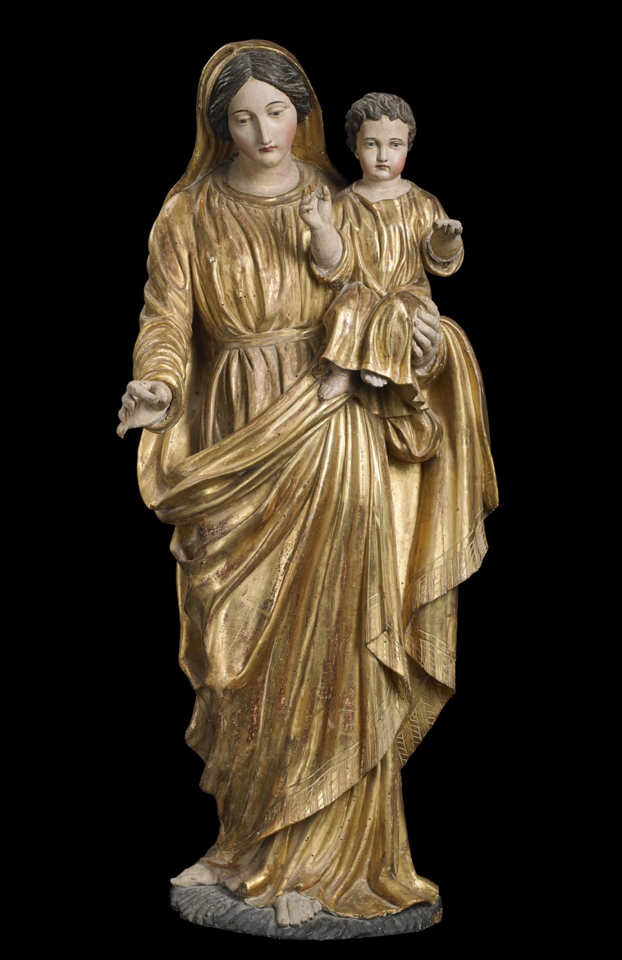 Madonna con Bambino in legno dorato policromo. ( Artista Italiano Del XVII Secolo)