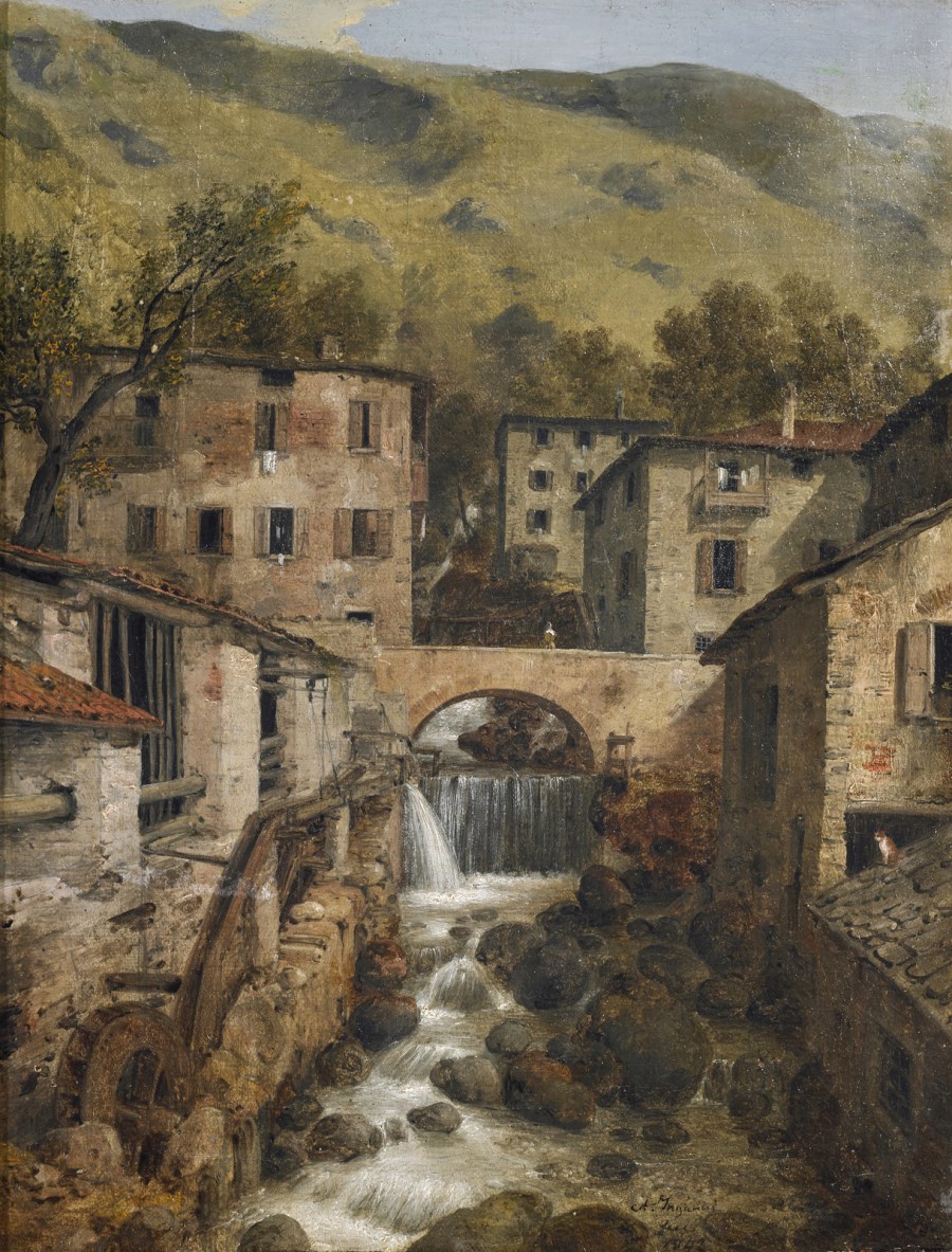 Hilly landscape with a stream, a bridge and a water mill. (Angelo Inganni)