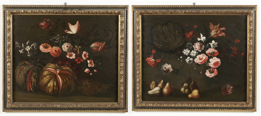 Coppia di nature morte di fiori e frutta. ( Artista Del XVII Secolo)