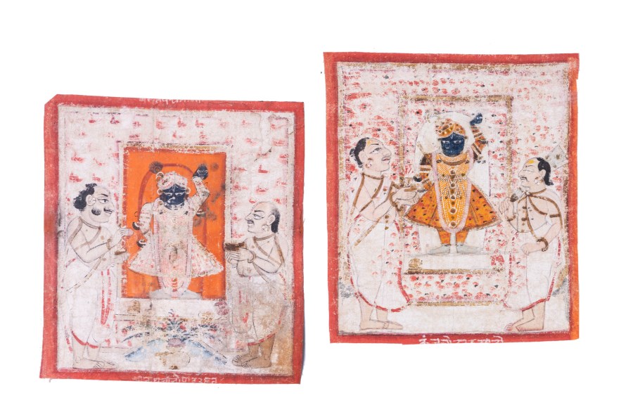 Two miniature paintings depicting Krishna Nathdwara 
Northern India, Rajasthan, early 19th century 
Pigments and gold on fabric (Arte Indiana )
