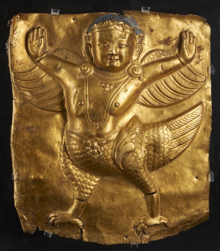 A large embossed gilt copper plaque with Kinnara 
Tibet, 13th century  (Arte Himalayana )