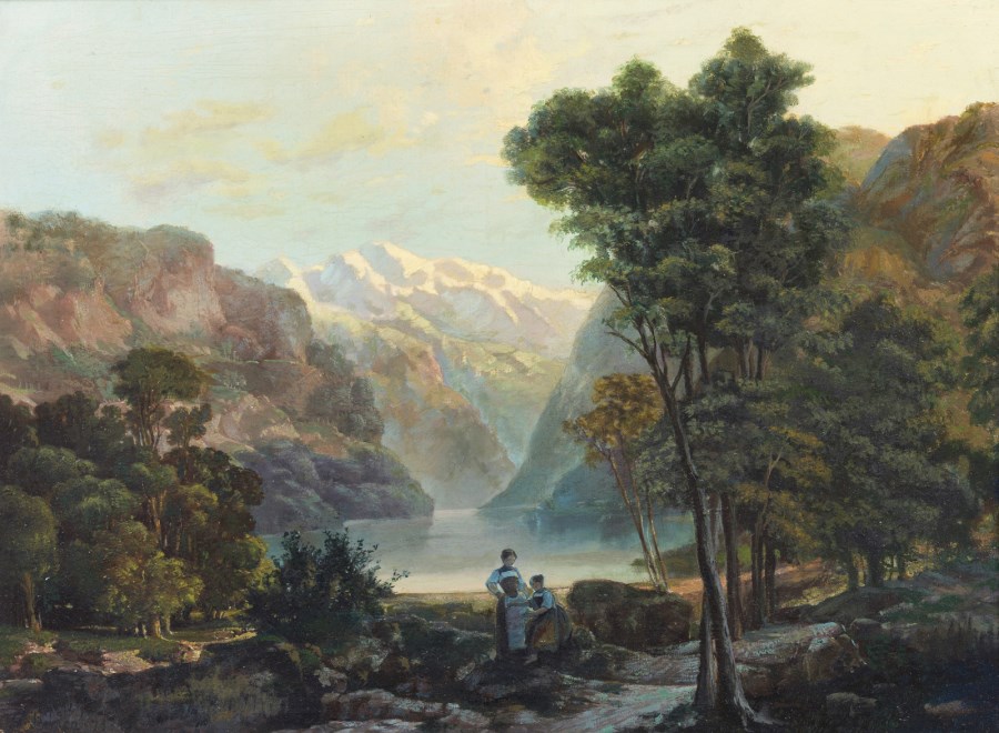 Paesaggio montano con laghetto e figure femminili. ( Artista Del XIX Secolo)