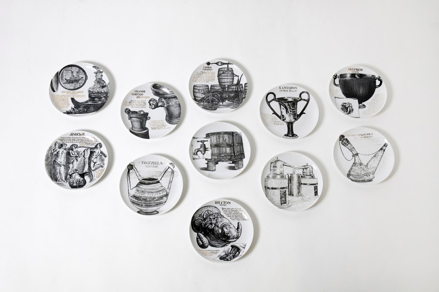 Set of eleven plates for Martini & Rossi with decorations inspired by the Museum of Pessione, 1970s. (Piero Fornasetti)