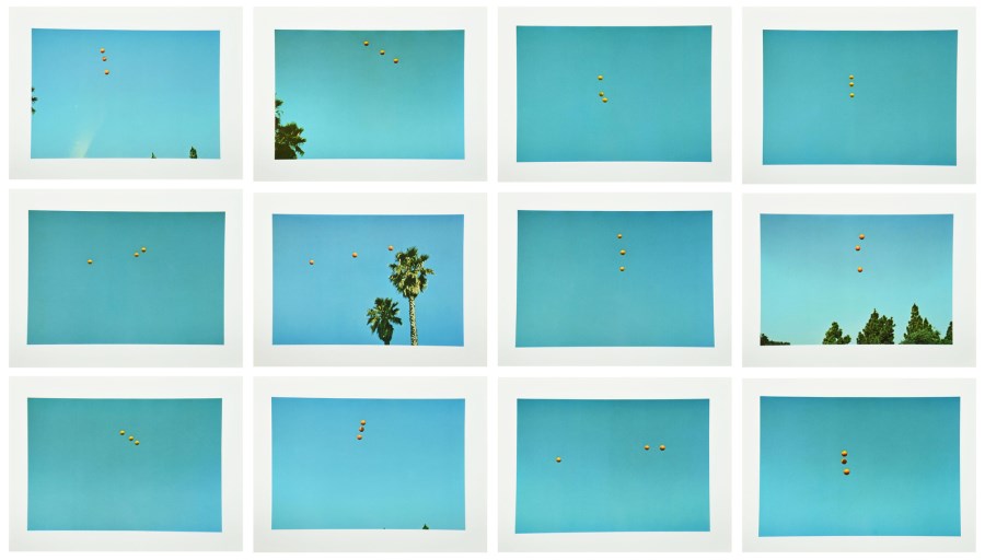 Throwing three balls in the air to get a straight line ( best of thirty- six attempts). (John Baldessari)