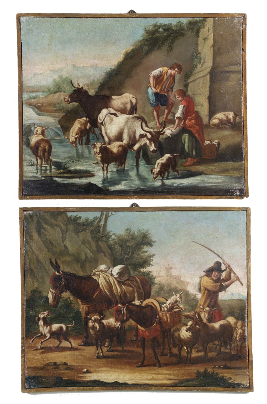 Coppia di dipinti raffiguranti contadini con il loro gregge.  ( Artista Romano Del XVII Secolo)