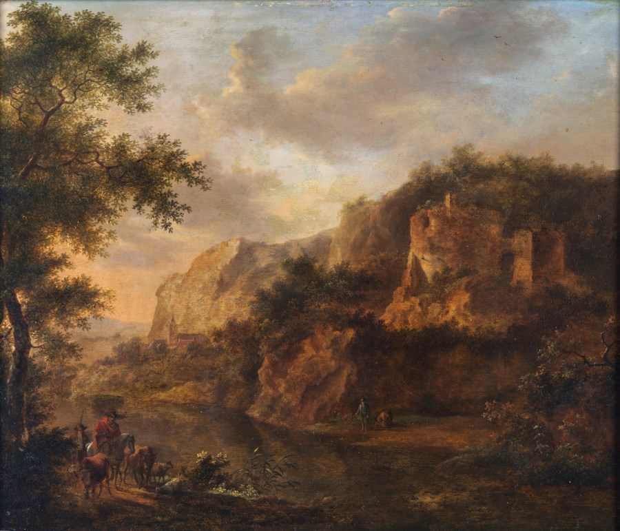 Landscape with wayfarers and ruins.  ( Artista Nordeuropeo Del XVII Secolo)