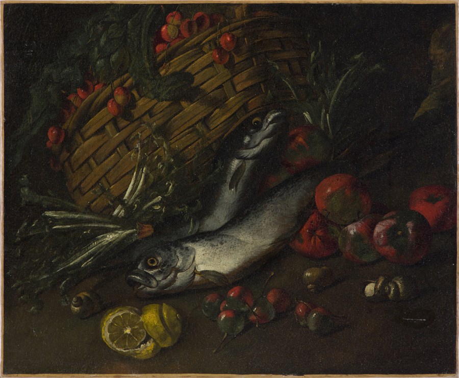 Still life with basket, fish, fruit and vegetables. ( Artista Lombardo Del XVII Secolo)