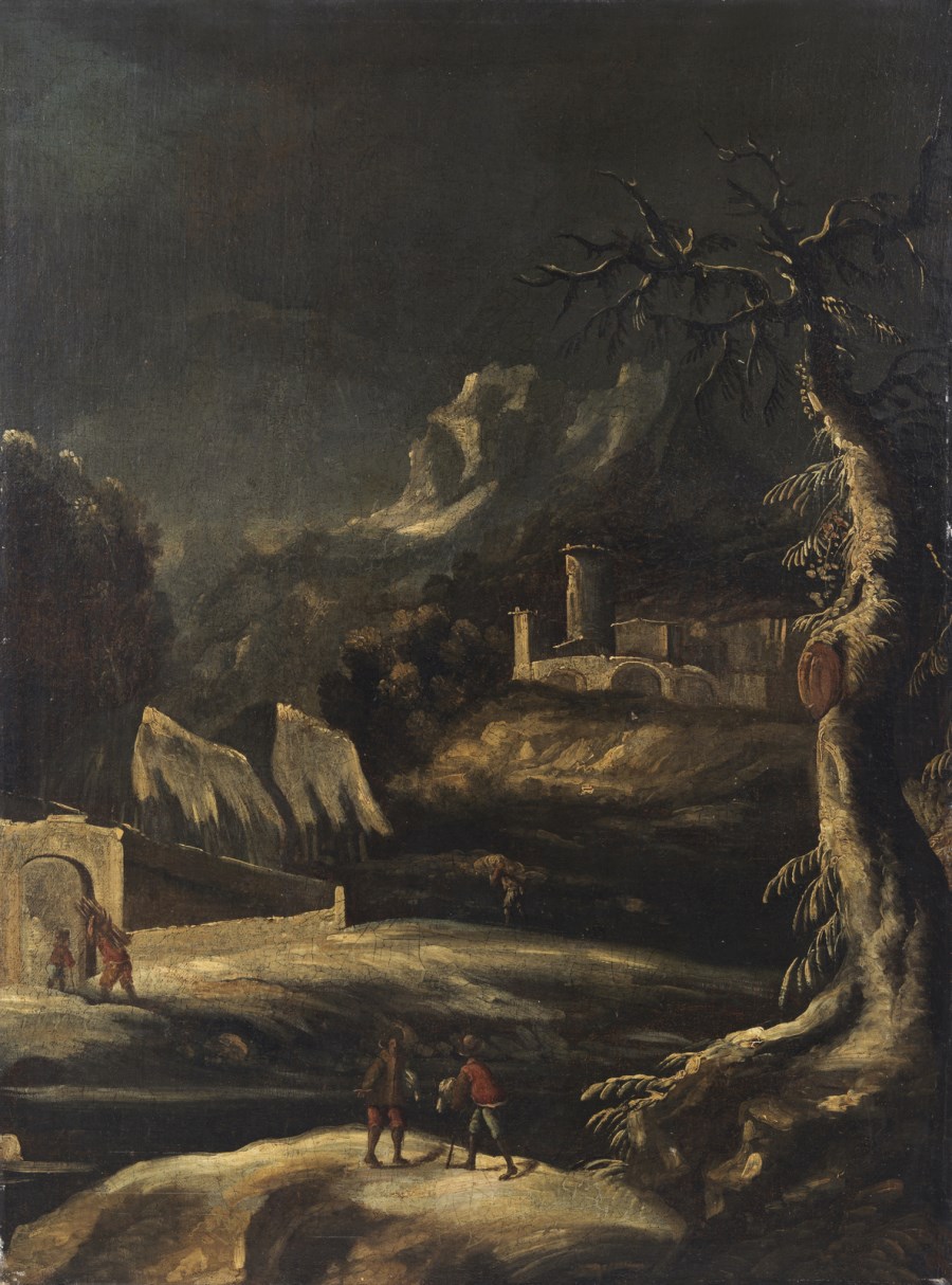 Paesaggio notturno con contadini.  ( Scuola Veneta Del XVIII Secolo)
