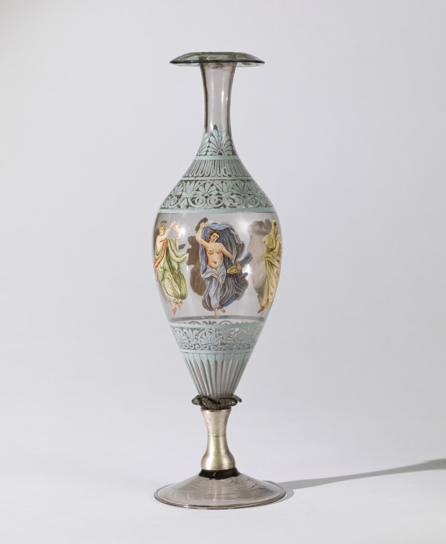 Large vase decorated with allegorical female figures applied and finely painted on a transparent background with friezes and palmettes in turquoise enamel. (Manifattura Viennese Del XIX Secolo )