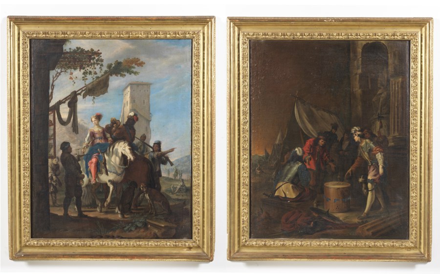 Pair of paintings depicting a gentleman on horseback at an inn and dice players. ( Artista Straniero Operante A Roma Nel XVII Secolo)