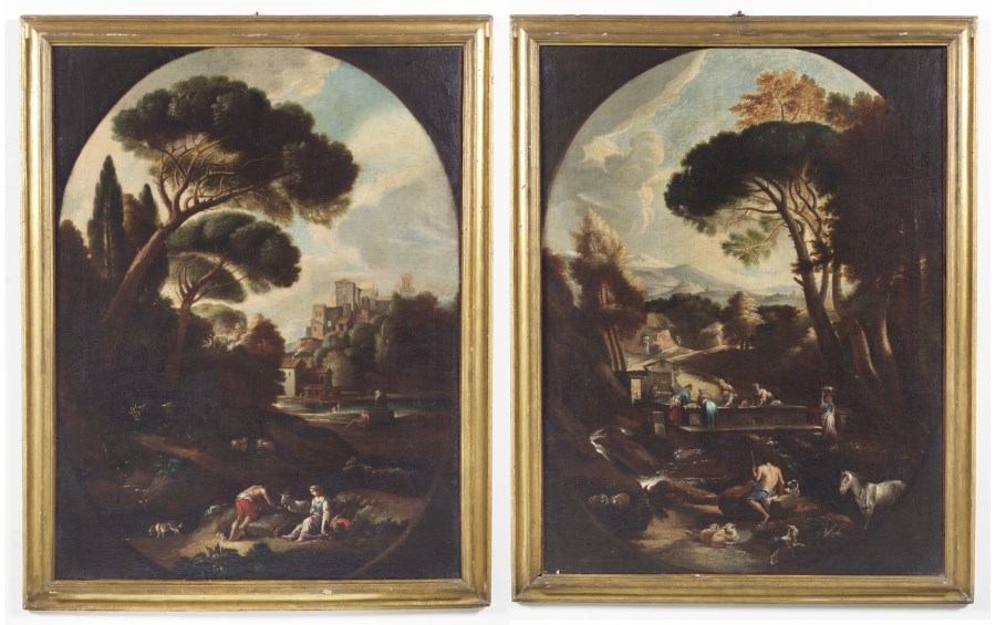 Coppia di dipinti raffiguranti scene pastorali. ( Artista Romano Del XVII Secolo)