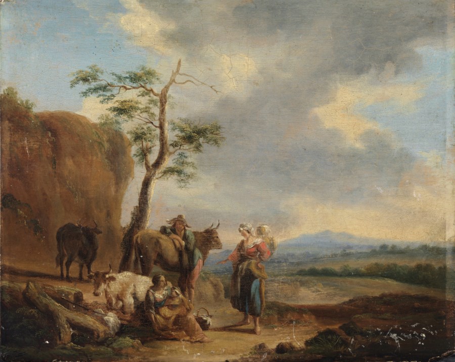 Paesaggio con pastori e mucche. ( Artista Fiammingo Del XVII Secolo)