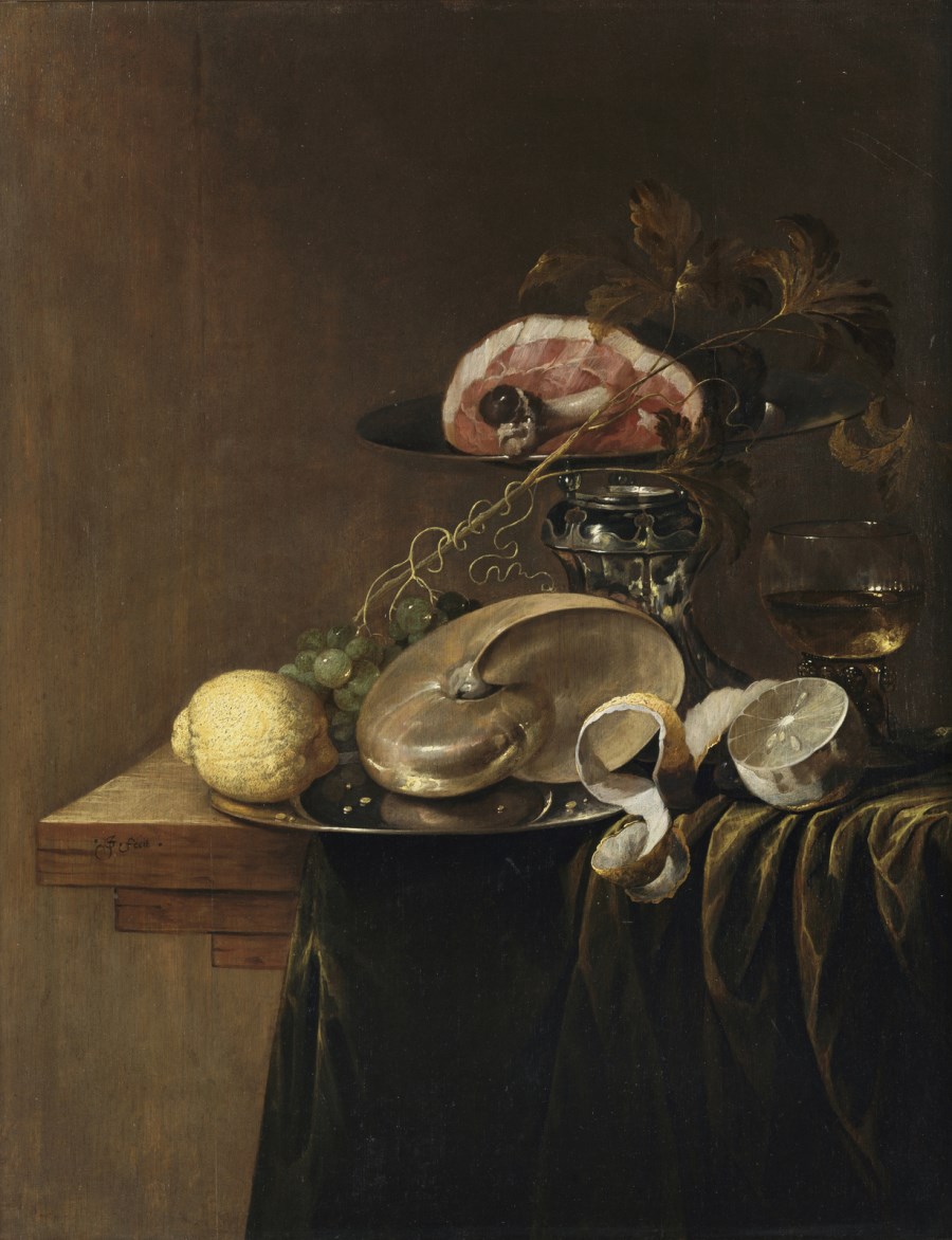 Still life with nautilus, lemons, ham and glass. (Jasper Geerards)
