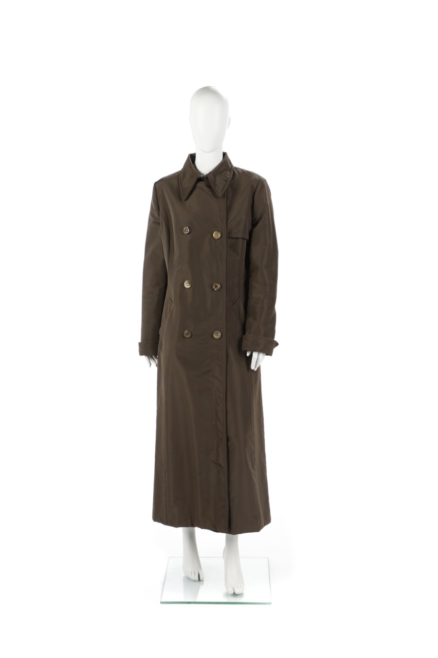Double-breasted coat in military green silk and wool with leather inserts, belt. (Gianfranco Ferre')