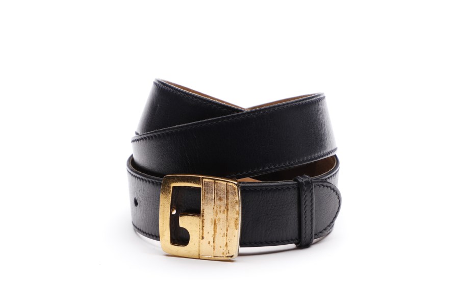 Blue leather belt with golden metal galvanic. (Gucci )