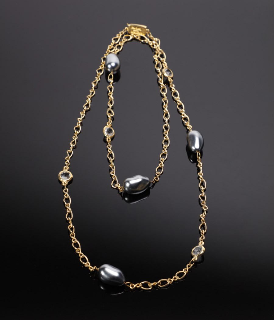 Double long necklace with golden thread and artificial gray baroque pearls and rhinestones (Pierre  Cardin)