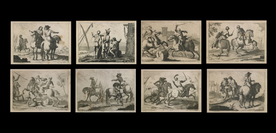 Gruppo di otto incisioni raffiguranti scene di genere e di battaglia. (Francesco Simonini)