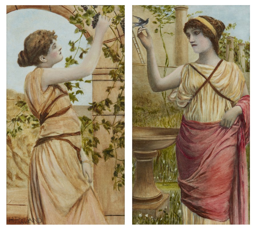 Coppia di dipinti raffiguranti ritratto di fanciulle in abiti classici. (Henry Ryland)