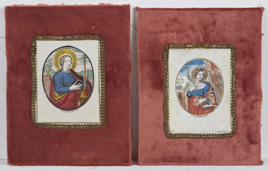 Coppia di litografie raffiguranti Santa Petronilla e Santa Caterina d'Alessandria. (Gaspar Huberti O Huybrechts)