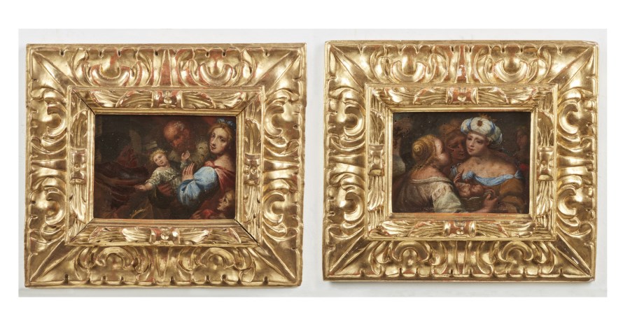 Coppia di dipinti raffiguranti Scena sacra e il Ritrovamento di Mosè. ( Artista Del XVIII Secolo)