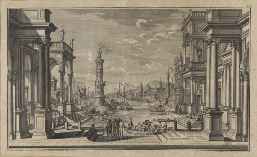 Veduta immaginaria di porto fluviale, campidoglio antico, templi e regia.  (Johann Andreas Pfeffel)