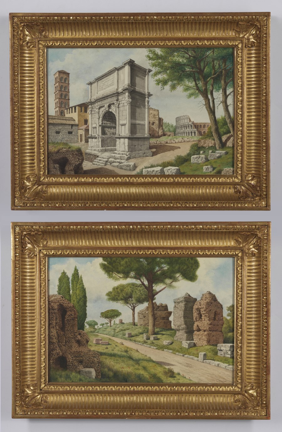 Pair of paintings depicting the Arch of Titus and the ruins on the Appian Way.  ( Artista Del XIX Secolo)