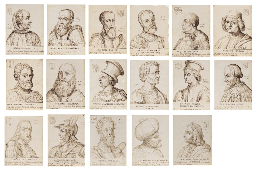 Gruppo di diciassette disegni tratti da una serie di stampe intitolate Ritratti di Cento Capitani Illustri, di Aliprando Caprioli. 
 ( Artista Del XVIII Secolo)