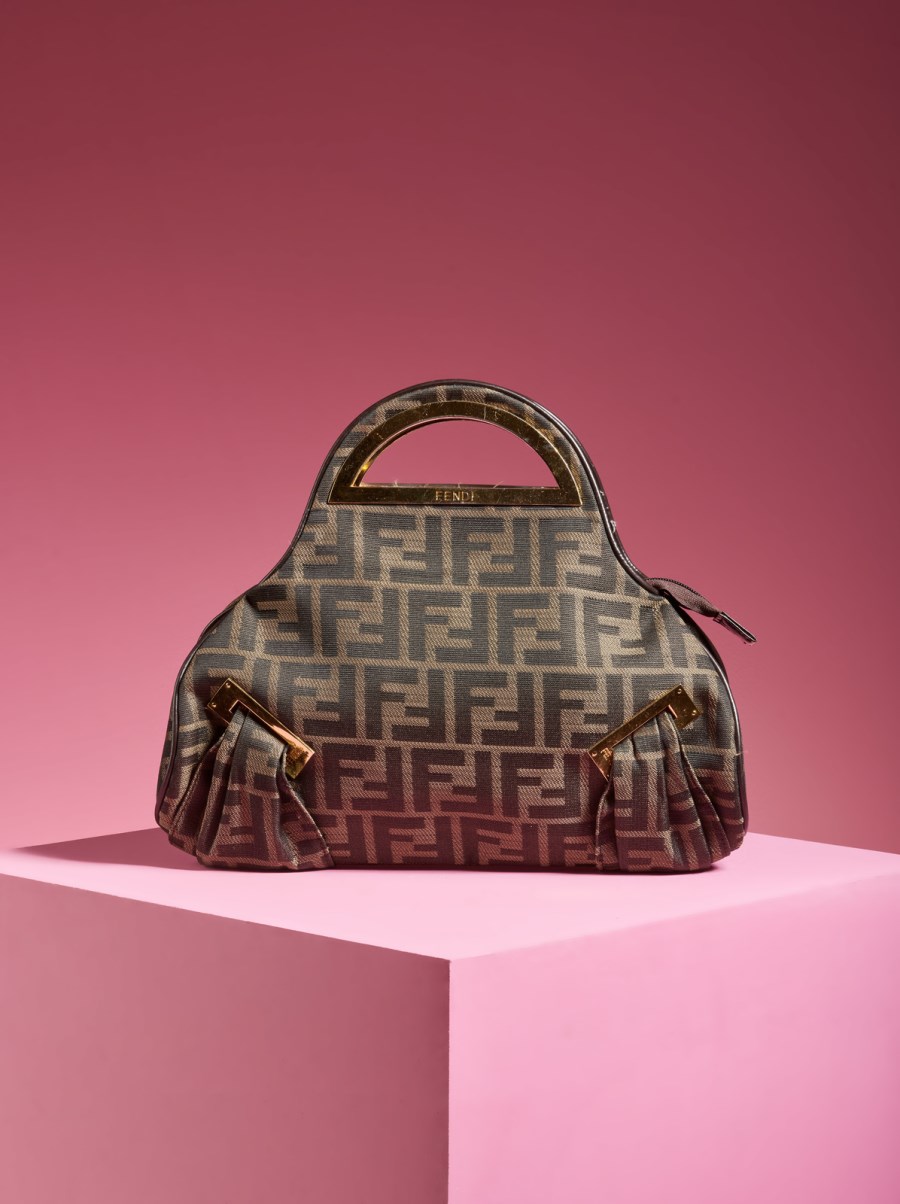 At Auction: Fendi Brown Zucca Canvas and Leather Spy Pouch