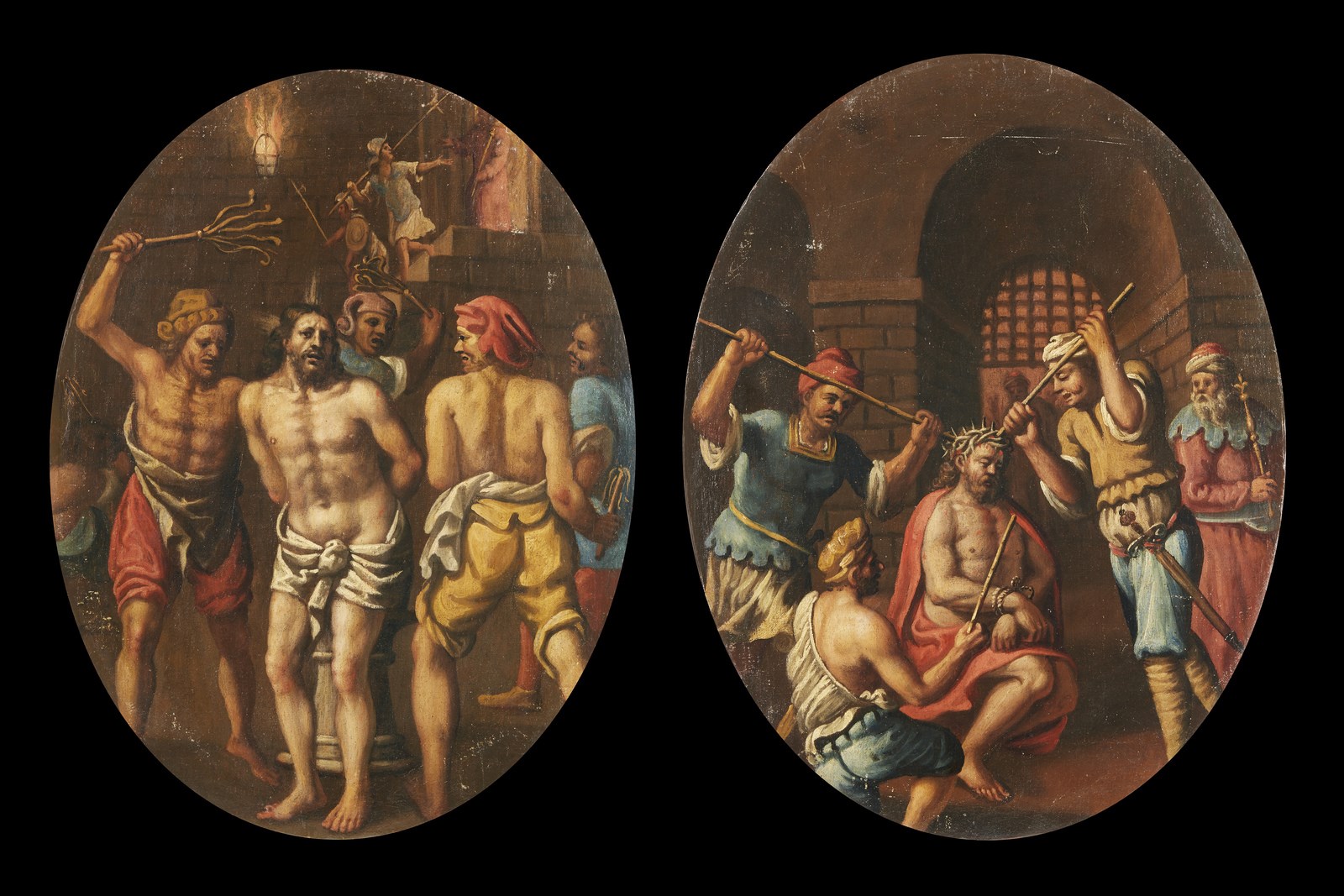 Coppia di dipinti raffiguranti flagellazione di Cristo e incoronazione di spine ( Artista Del XVII Secolo)