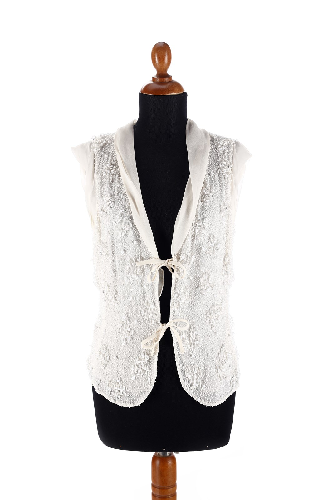 White silk vest with ivory beads. (Emporio Armani)
