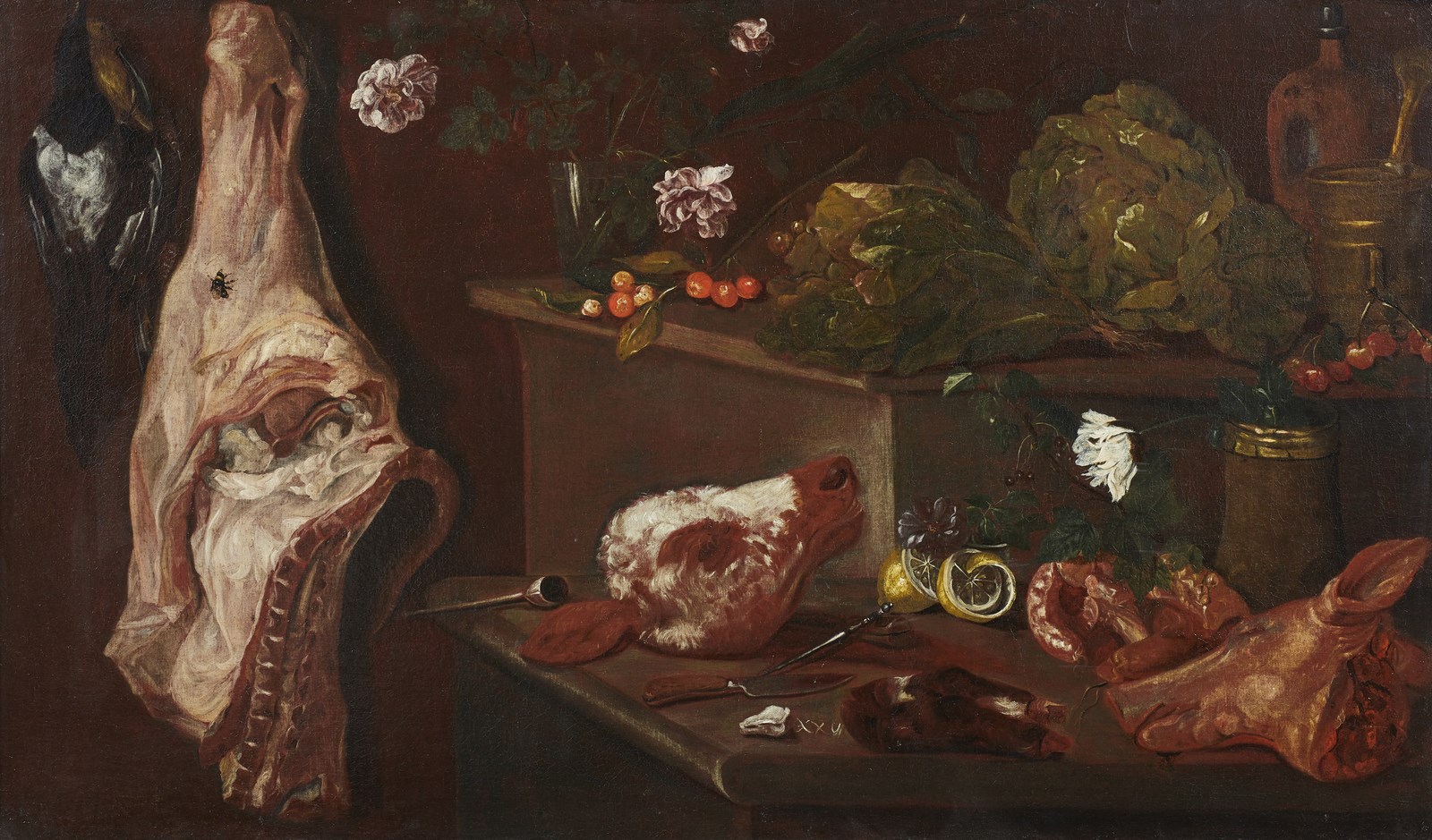 Natura morta con fiori, frutta, carne e lattuga ( Artista Del XVII Secolo)