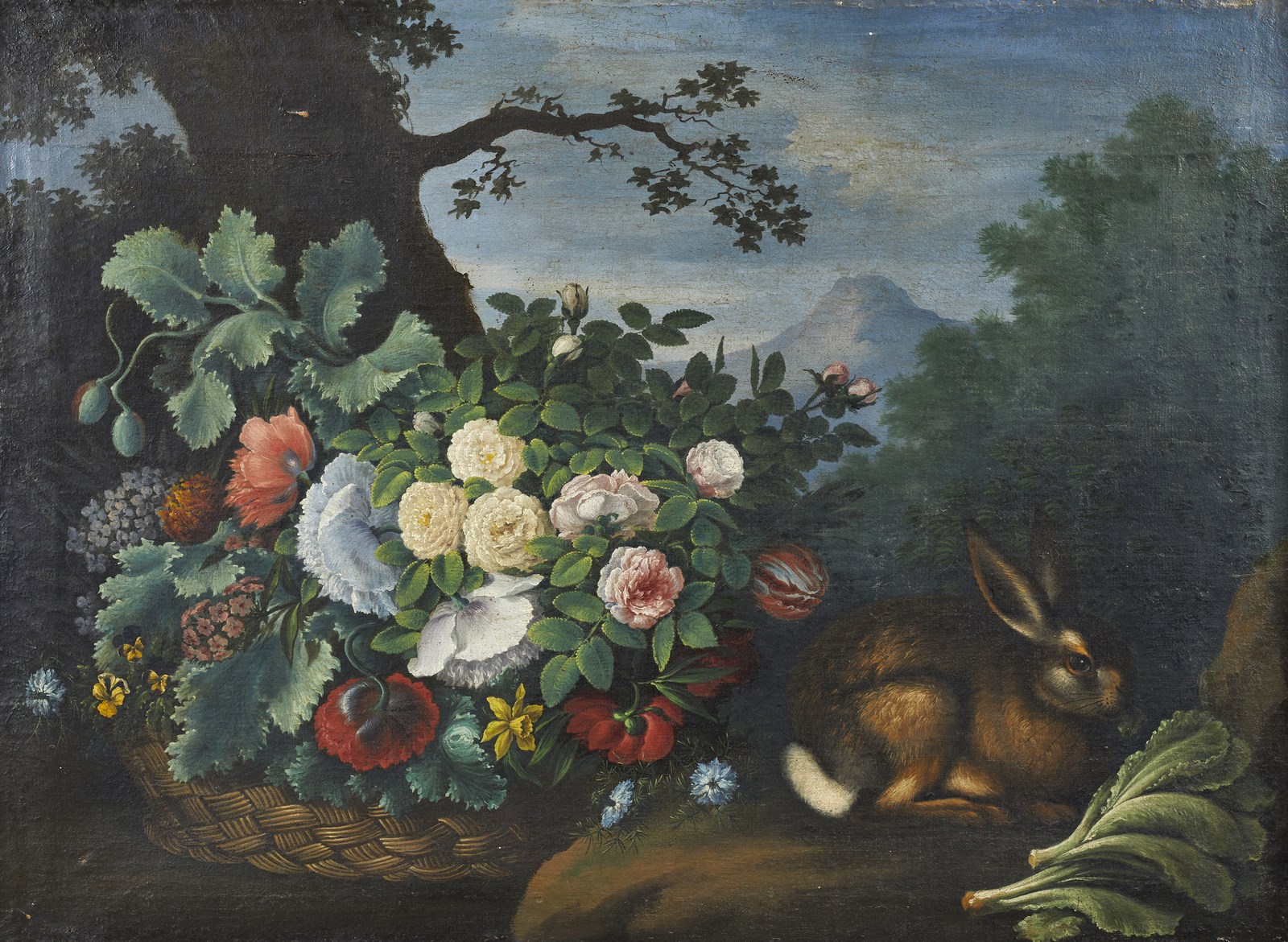 Natura morta con cesto di fiori e lepre in un paesaggio ( Artista Fiammingo Del XVII Secolo)