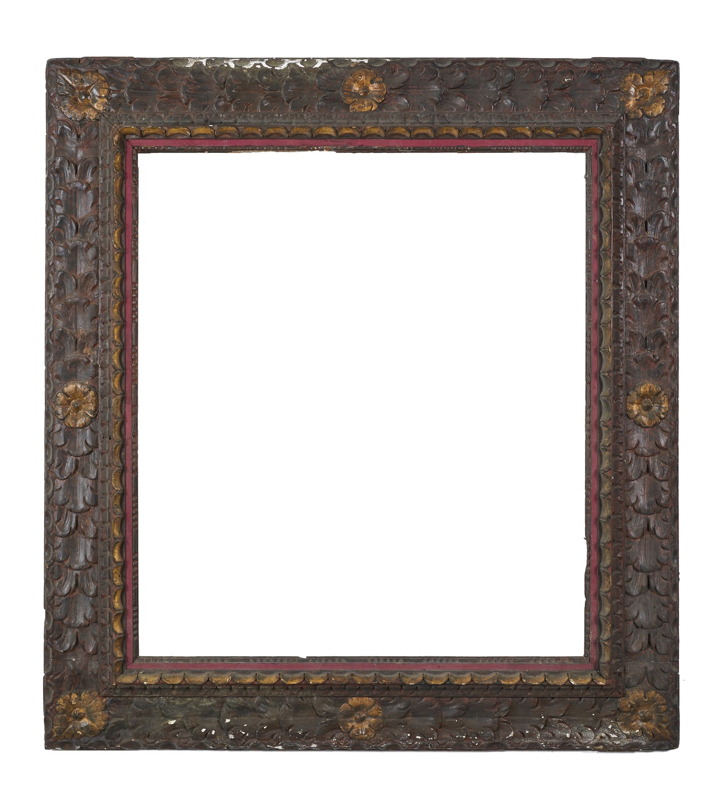A carved and partially gilt wood frame, band decorated with an acanthus leaf motif, floral applications in the center and at the corners ( Manifattura Del XVII Secolo)