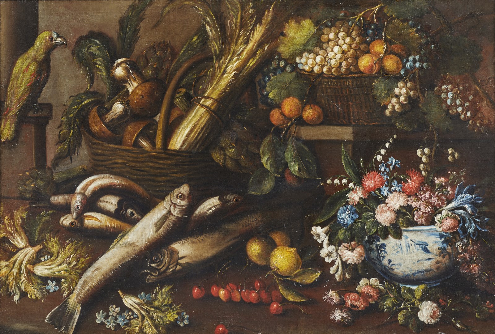 Natura morta con pesci, fiori, frutta, verdura e un pappagallo

 ( Artista Toscano Del XVII Secolo)