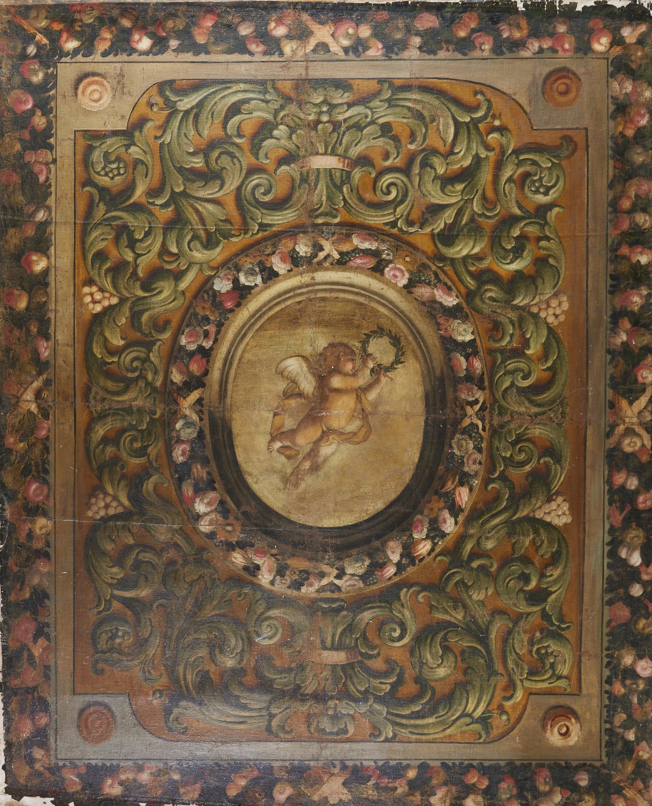 Grande tela raffigurante un puttino circondato da decorazioni vegetali e cornucopie ( Artista Del XVII Secolo)