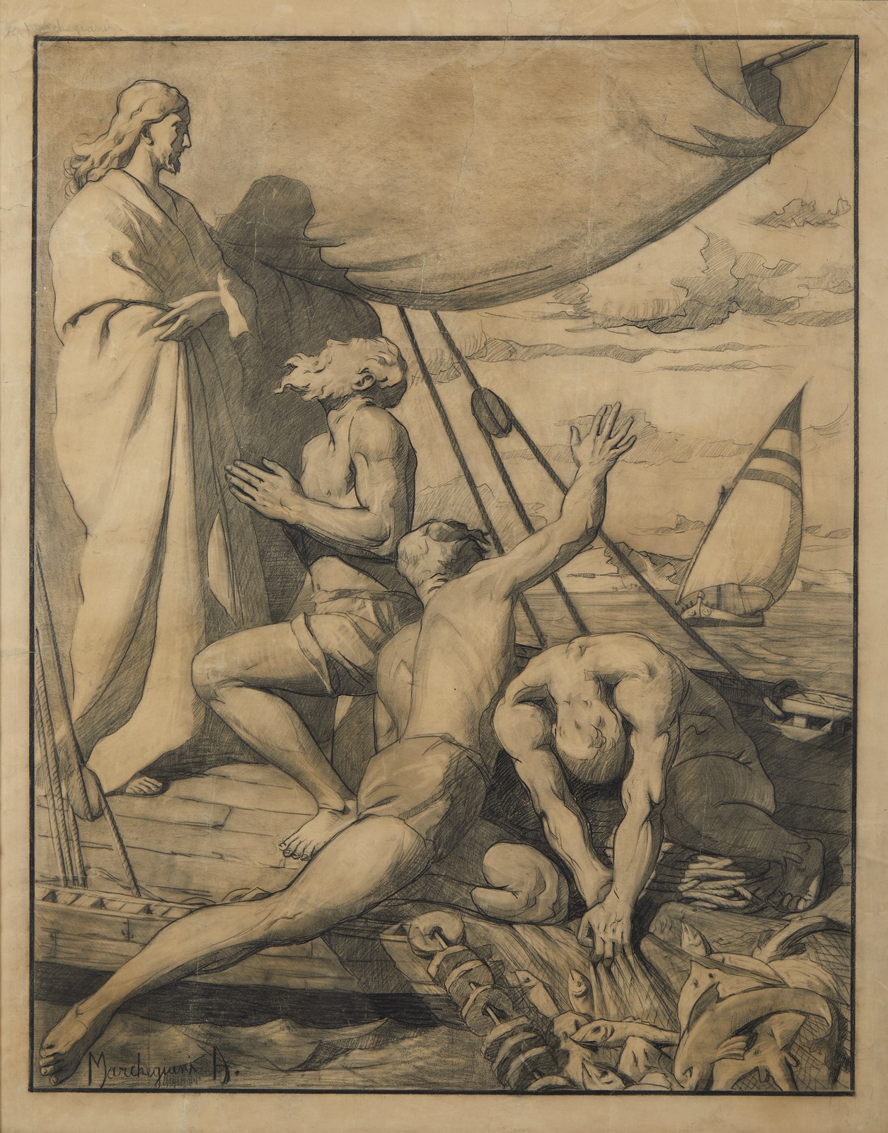 Cristo predica dalla barca di Pietro sul lago di Tiberiade (A. Marchegiani (XX Secolo))