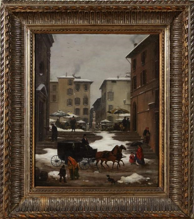 Veduta della Piazza del Mercato di Brescia sotto la neve (Angelo Inganni)