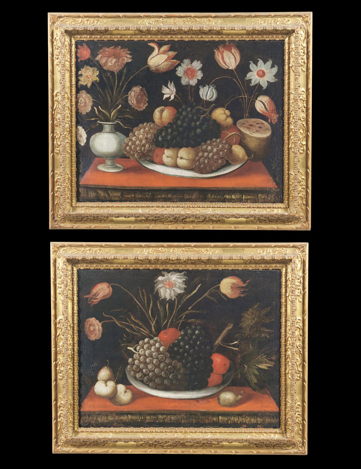 Coppia di dipinti raffiguranti nature morte con fiori e frutta ( Artista Spagnolo Del XVII Secolo)