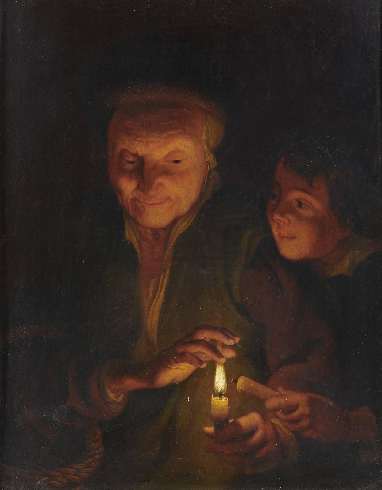 Scena d'interno a lume di candela con donna e bambino ( Artista Fiammingo Del XIX Secolo)