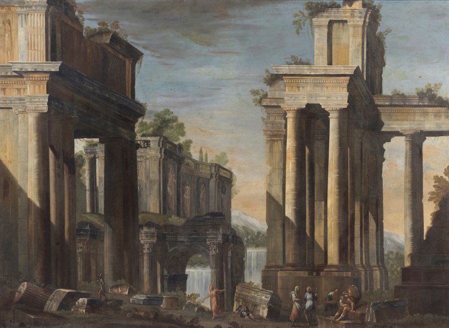 Capriccio architettonico con rovine e personaggi ( Artista Romano Del XVII-XVIII Secolo)