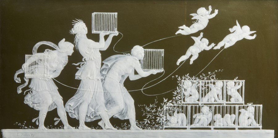 A pâte-sur-pâte olive-ground rectangular plaque with white figures  depicting 'The cupids released from the cages', in an ebonized wood frame
