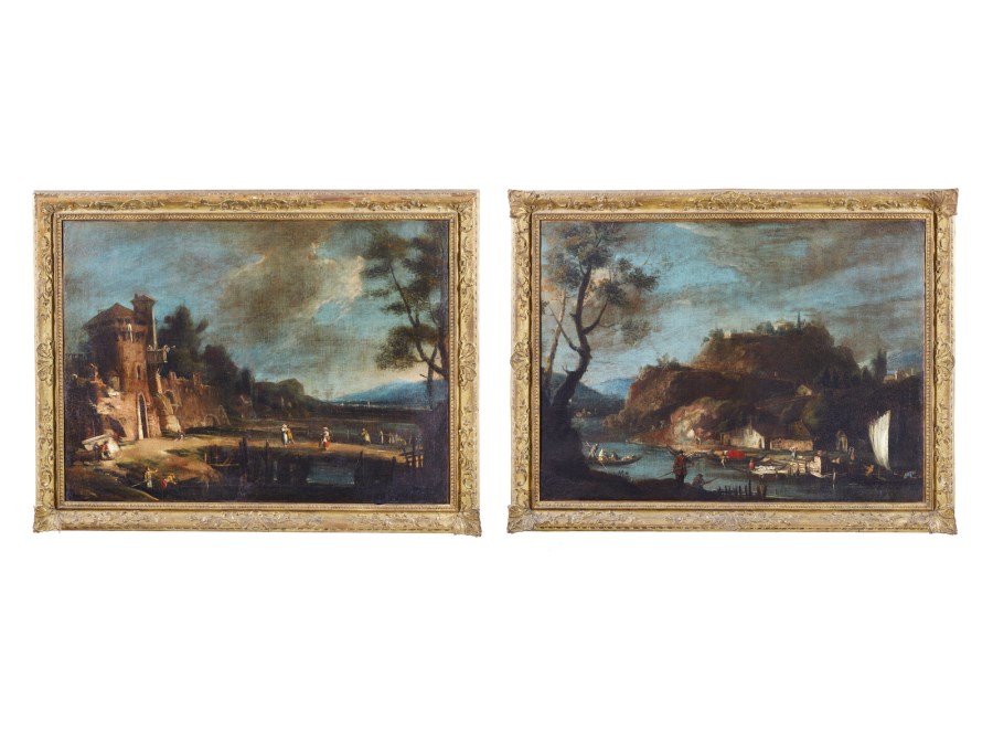 Coppia di dipinti raffiguranti paesaggio fluviale con architetture e contadini ( Artista Veneto Del XVIII Secolo)