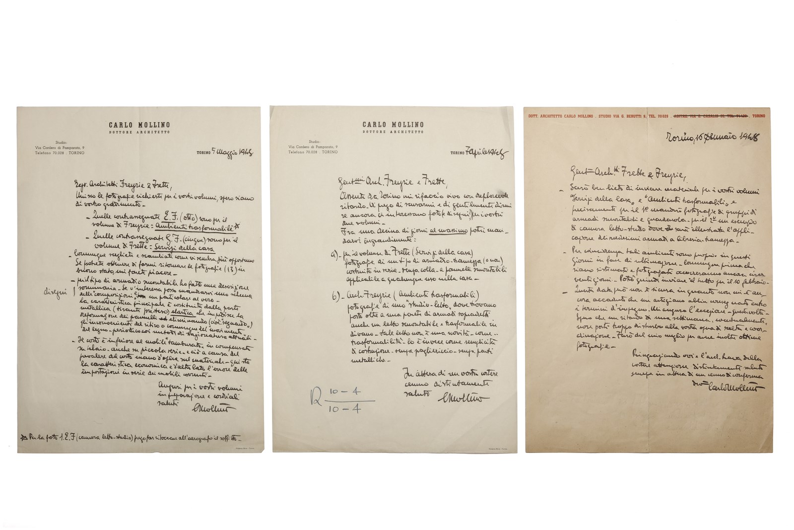 Tre lettere autografe indirizzate agli architetti Enrico Freyrie e Guido Frette (Carlo Mollino)