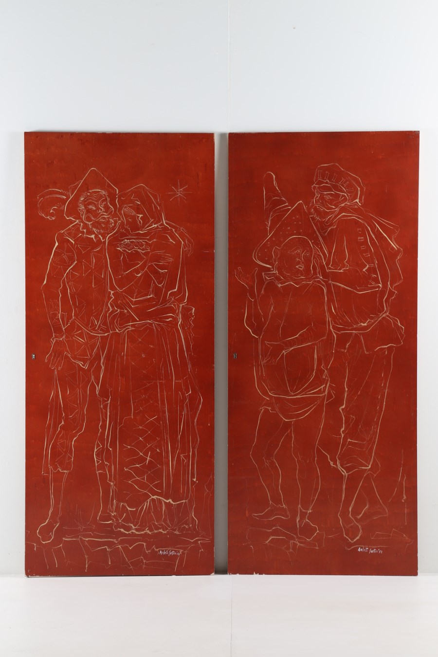 Pannelli in legno laccato, dipinti a figure della commedia dell'arte Veneziana, anni 50 (Amleto Sartori)